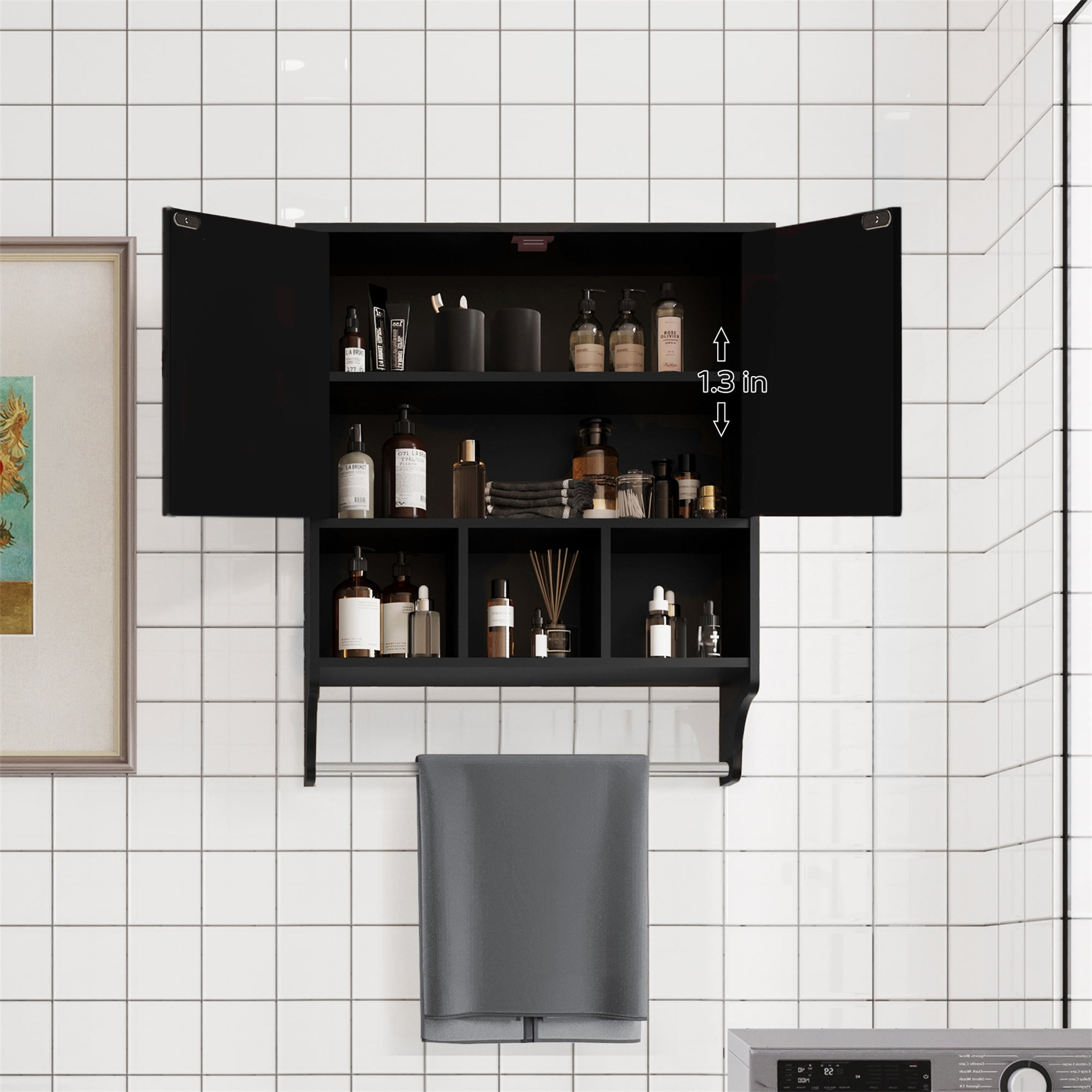 Vastcury 27.5" Bathroom Wall Cabinet, Over the Toilet Storage Medicine Cabinet with 2 Door Cupboard, Adjustable Shelf and Towels Bar, Black