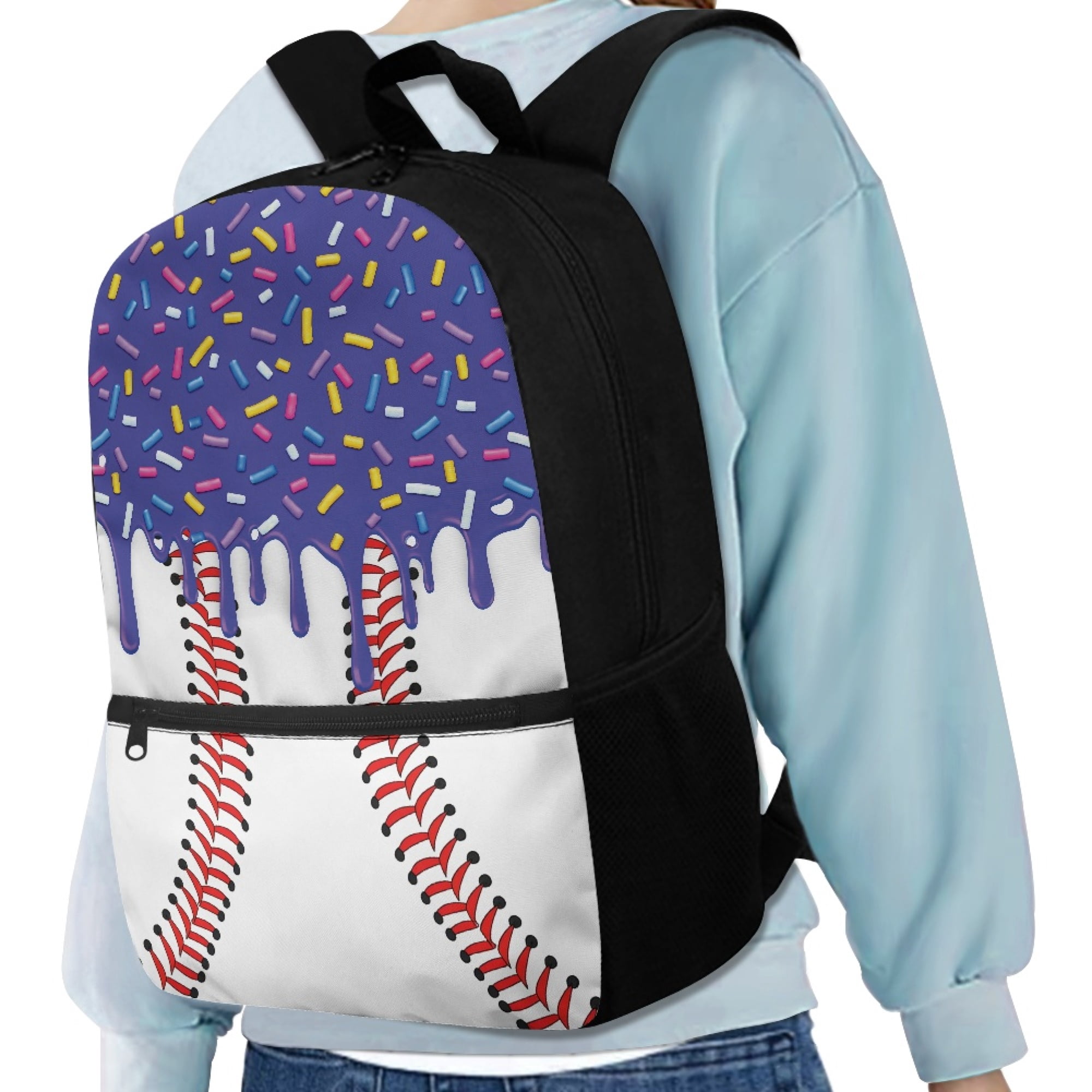Uourmeti Baseball Sprinkle Drip Pattern Side Mesh Pockets Backpack, 17 Inchs Multiple Pockets Polyester Backpack Smooth Zippers Daypack for Adults