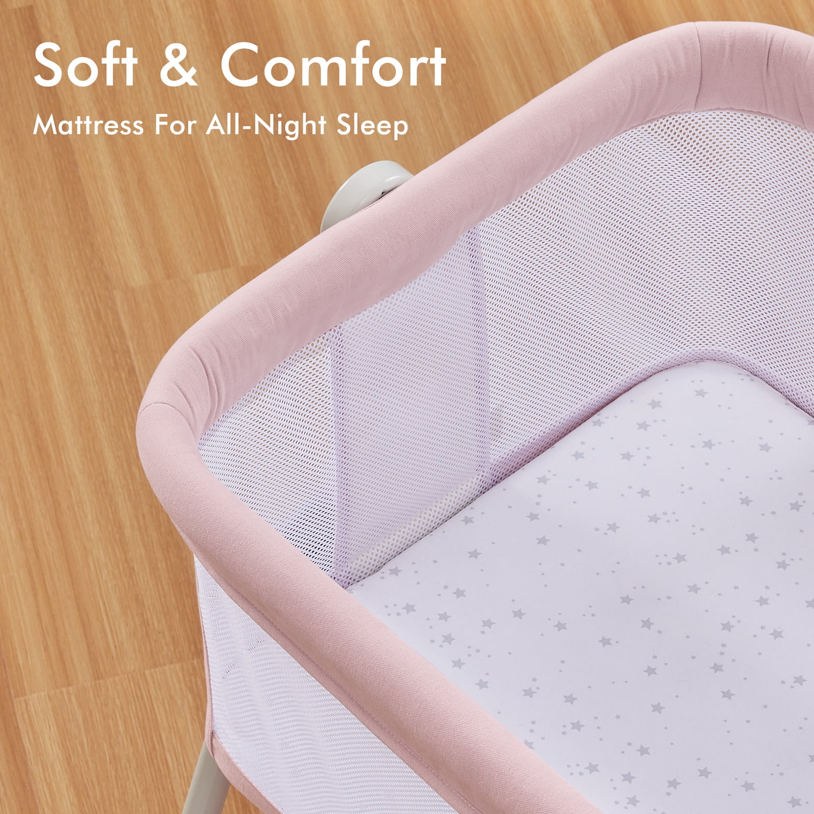 ANGELBLISS Flat Bedside Bassinet with Storage Basket, Easy Folding Portable Crib with Wheels, Included Breathable Mesh, Cozy Mattress(Pale Pink)(0-6 months)