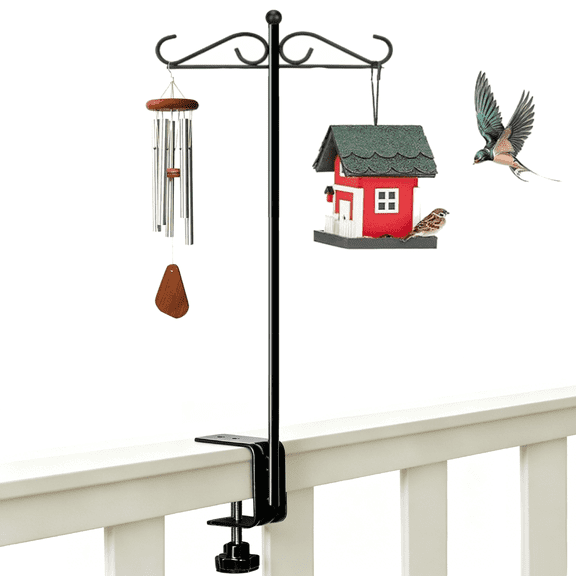 27.5" Shepherds Hooks for Outdoor, Heavy Duty Double Hook Bird Feeder Pole with Railing Mount, Rust-Resistant Garden Hanging Stand for Bird Feeders, Lanterns & Plants