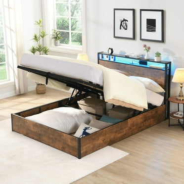 YDSM Lift-up Storage Bed Frame, Full Size Bed Frame with Bookcase Headboard & LED Lights, Wooden Platform Bed Frame with Charging Station, No Spring Box Needed, Rustic Brown