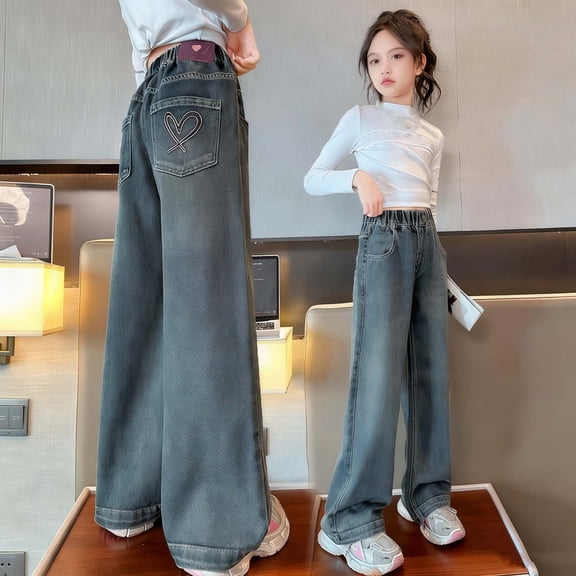 Swuxness Girls Wide Leg Denim Pants, Kids Fall Long Pants, Girls Straight Leg Jeans with Heart Embroidery Print Elastic Waist Casual Wide Leg Pants for Kids Blue, 14-15 Years