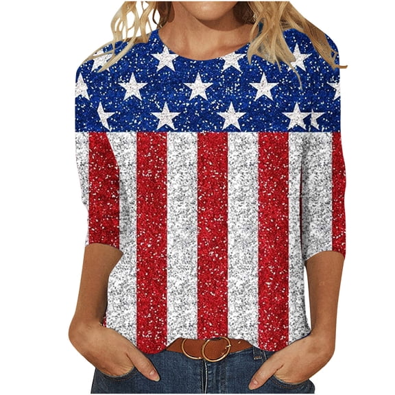 IROINNID 4th of July T-Shirt For Women Fashion Retro Loose Tops Blouse Round Neck Women Tops July 4th