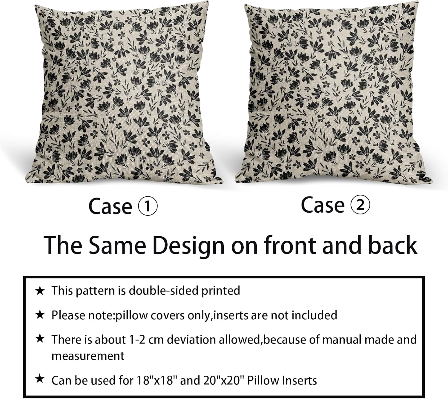 Vintage Flower Pillow Covers 18x18 Set of 2 Rustic Cute Small Floral Black Brown Old Style Decorative Throw Pillows Outdoor PillowCase Farmhouse Linen Cushion Case Decor for Home Sofa Couch Bed
