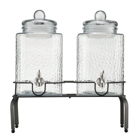 KFFKFF Set of Two 1.5-Gallon Glass Drink Dispensers with Metal Stand, Stainless Steel Spigot, Ideal for Serving Iced Tea, Lemonade, Juice, and Water at Gatherings