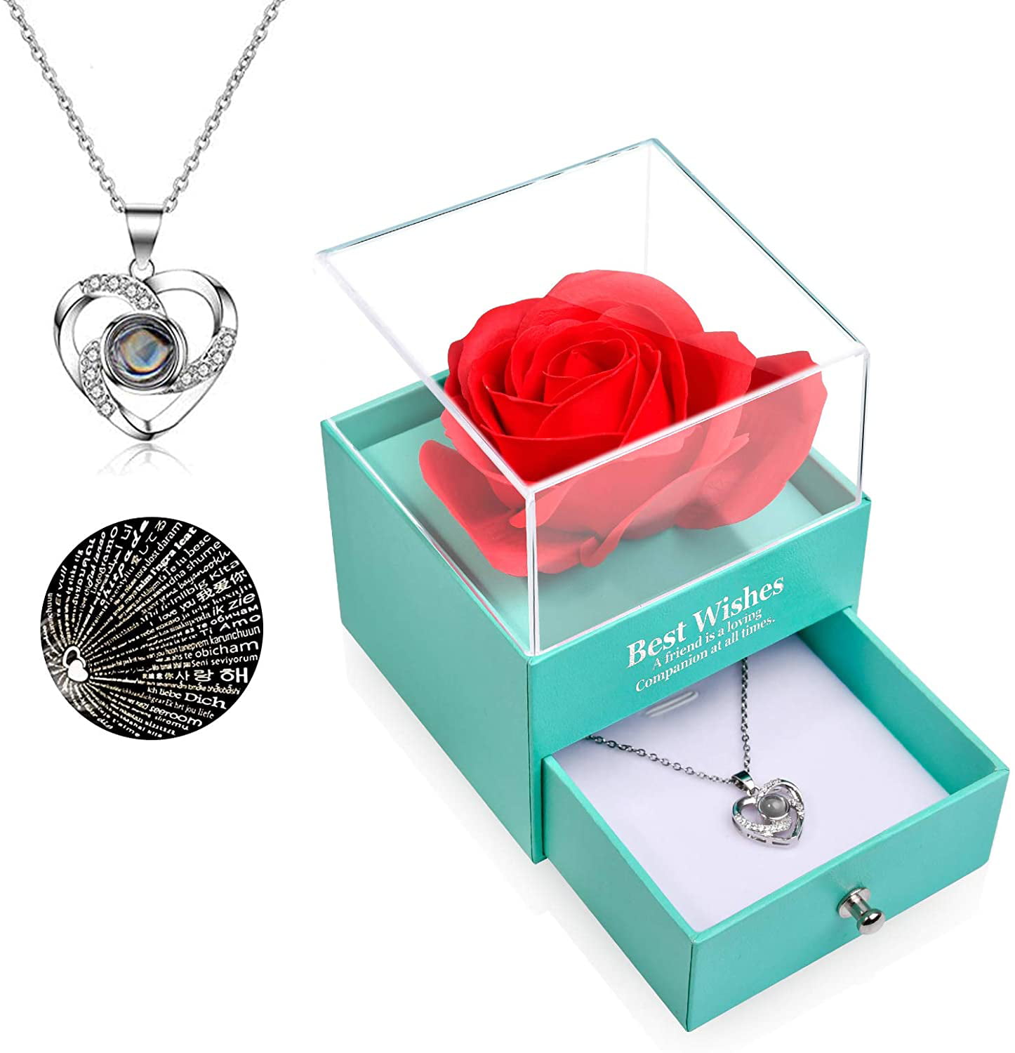 Mothers Day Gift Rose Flower in Heart Pendant Necklace Mom Wife Daughter Jewelry