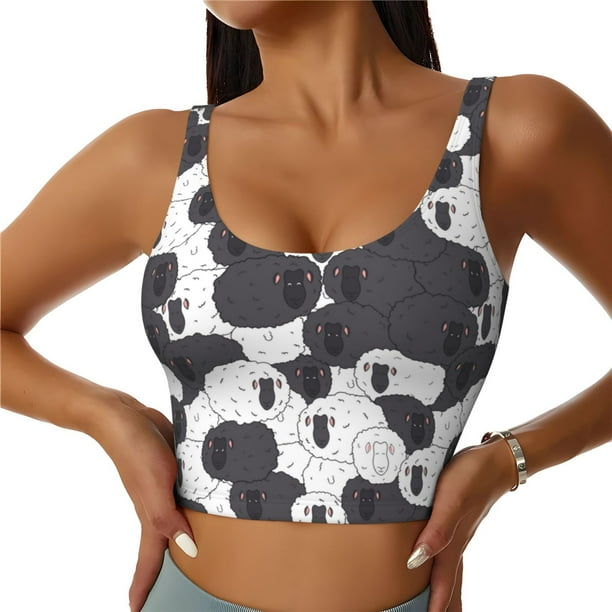 Fotbe Black And White Sheeps Sujetador Deportivo Largo sin Aros para Mujer con Almohadillas y Soporte Medio, Transpirable y Absorbente, Camiseta Tipo Chaleco o Tank Top-Large