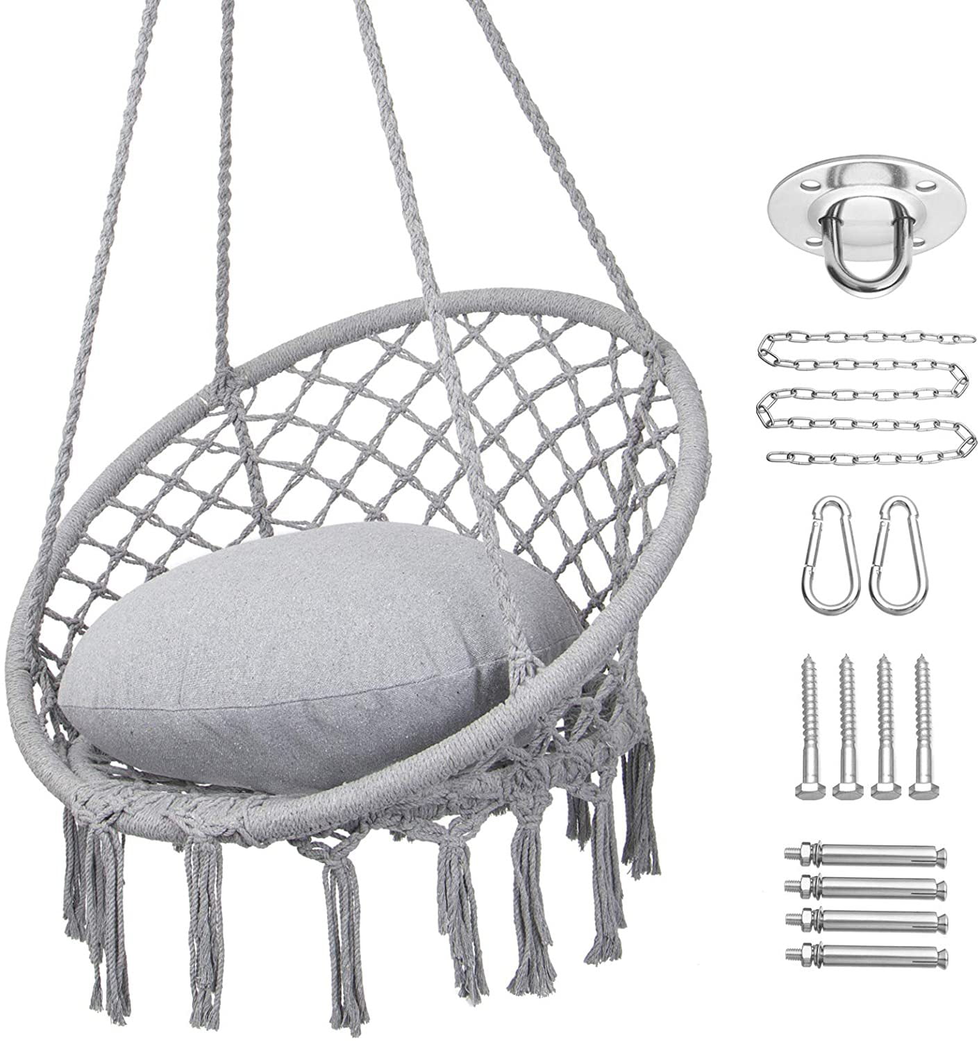Backyard and Deck 2 Pillows Included Max 330 Lbs Beige Hanging Chair with Pocket and Macrame HBlife Hammock Chair Swing Rope Chair for Bedroom 
