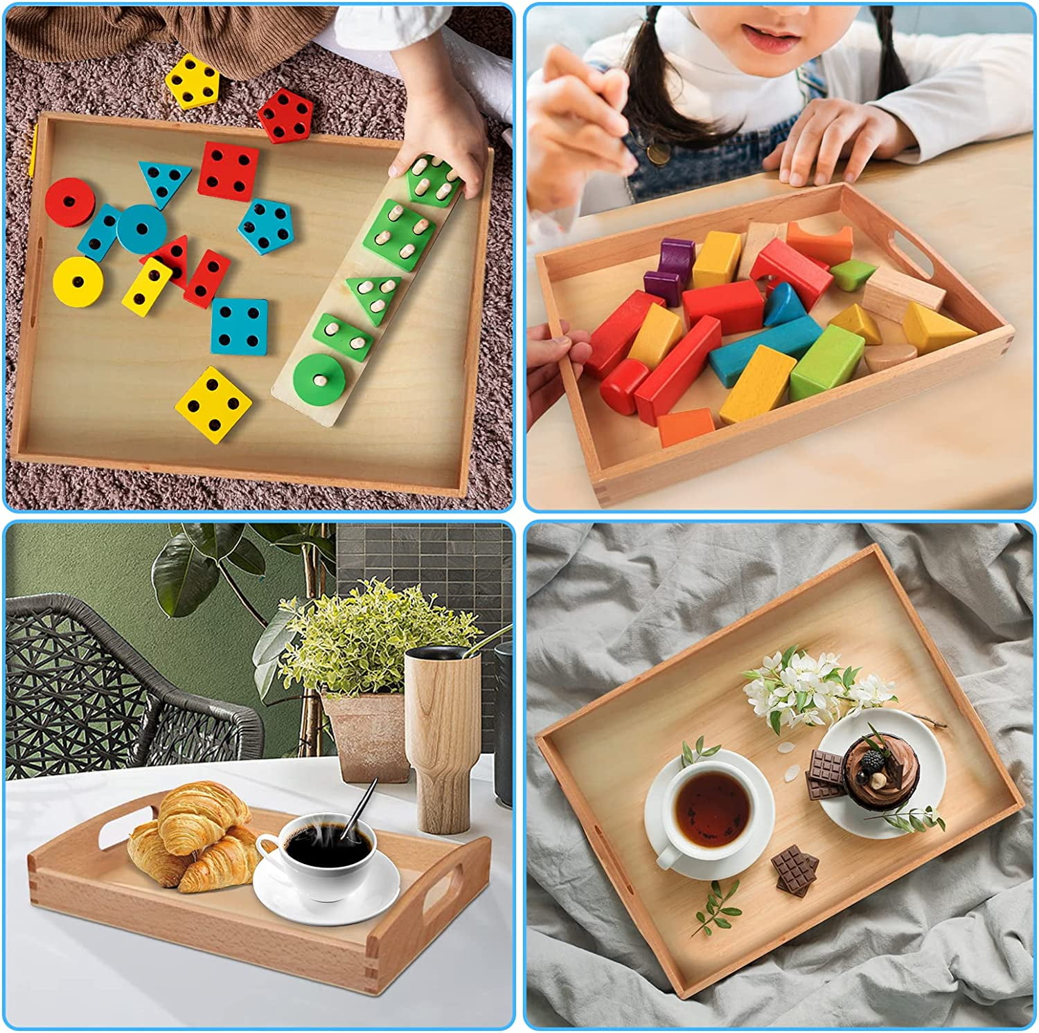 Wooden Montessori Tray Rectangle Shape with Handle Educational Toys  Unfinished Tabletop Tray for The Small