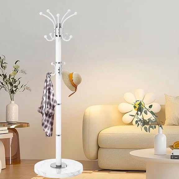 Metal Heavy Duty Coat Rack Stand, Modern 360° Roraty Freestanding Coat Rack with Natural Marble Base, White Coat Racks Hall Tree Hanger Stand with 16 Hooks for Entryway, Office