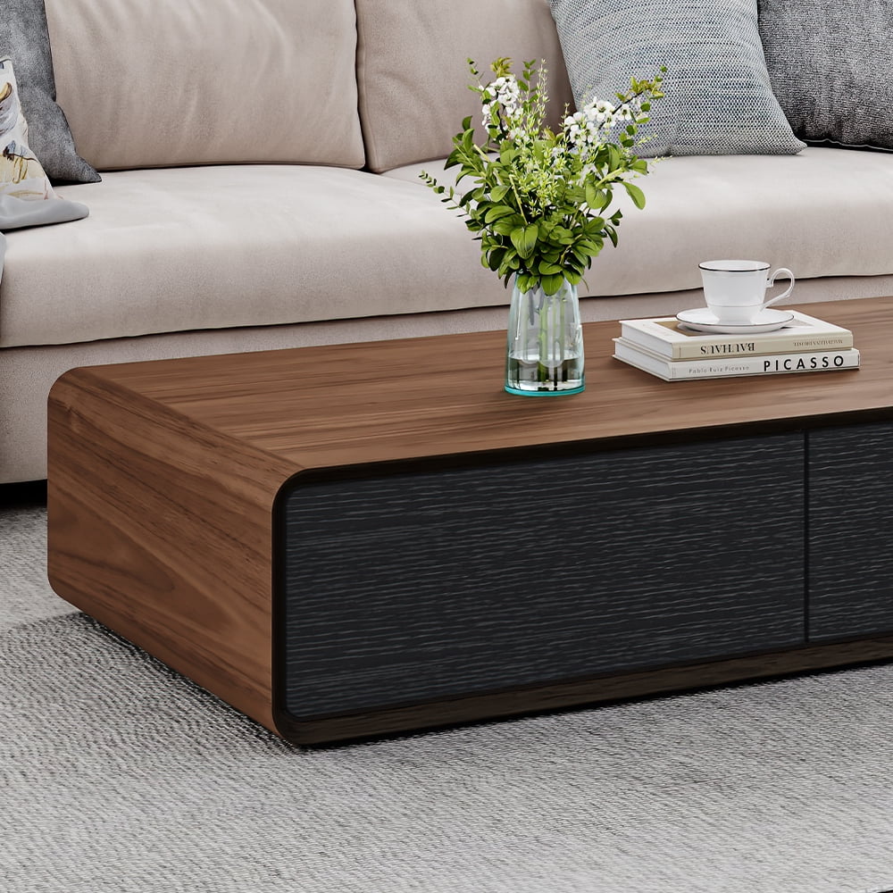 POVISON Modern Rectangular Coffee Table, Wood Coffee Table with Storage, 4 Solid Wood Drawers, Fully-Assembled, 51", Walnut Black