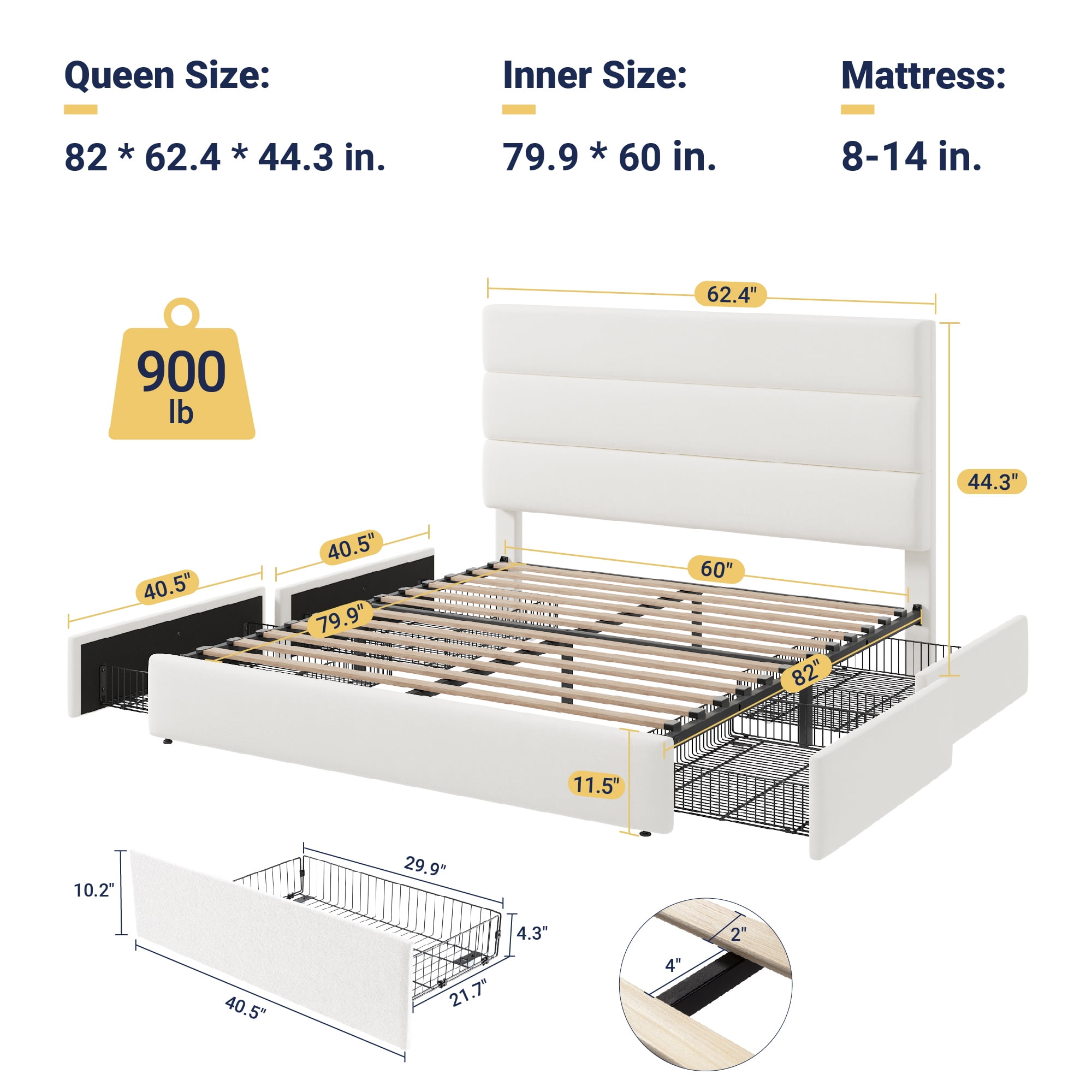 Allewie Modern Queen Size Platform Bed Frame with 4 Storage Drawers and Velvet Upholstered Headboard, Wooden Slats Support, White