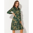 thumbnail image 3 of Vestido hasta la rodilla de manga larga con cinturón y cuello en contraste floral para mujer Verde L, 3 of 5