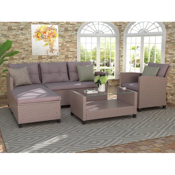 Wicker Sectional Table and Chairs Sets, 4 Pieces Outdoor Wicker Patio Furniture Set with 