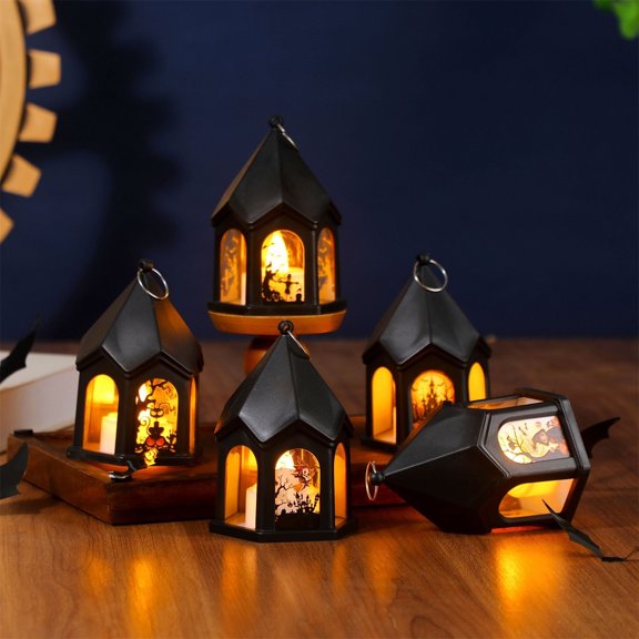 Halloween Pumpkin Decorations - Halloween Decorative Lantern with Flickering LED Light, Haunted House Pumpkin Scene, Battery Operated Tabletop Lamp for Indoor Outdoor Party Decor