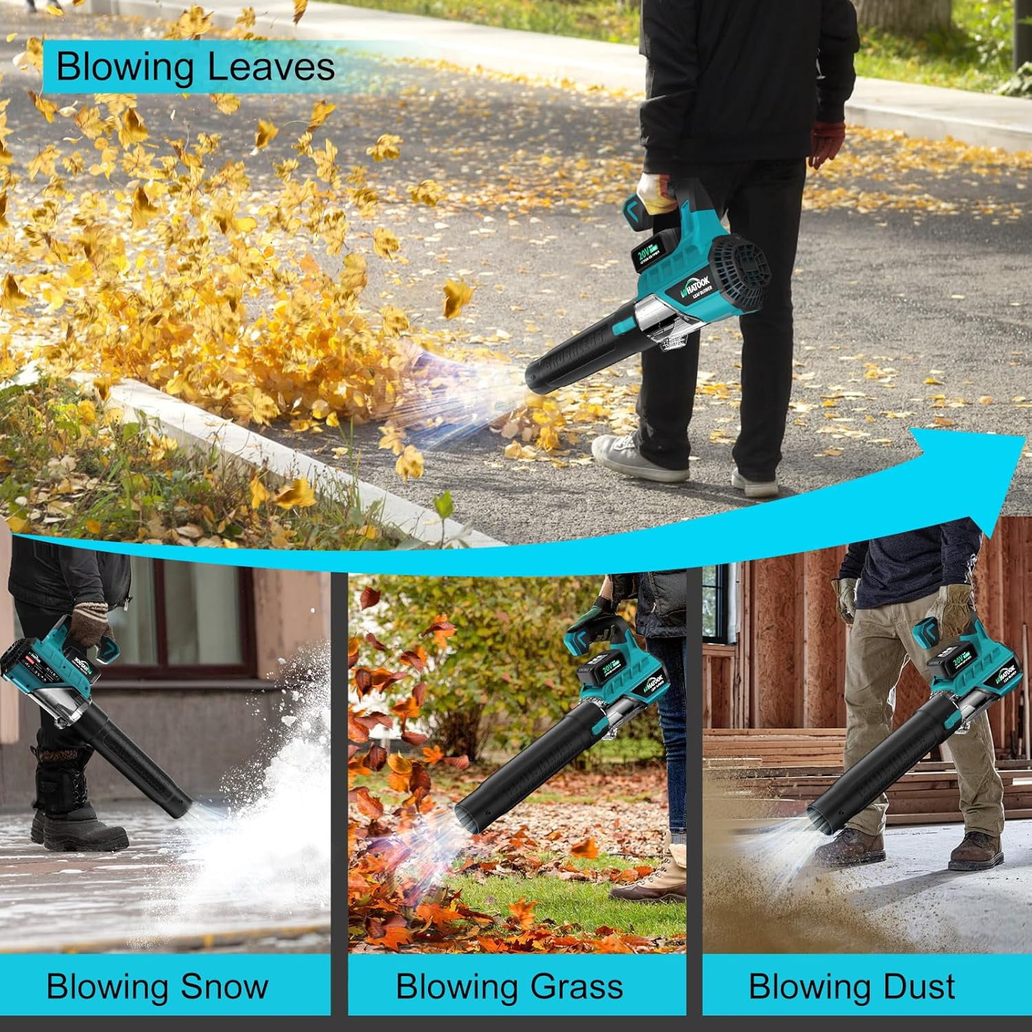 WHATOOK 20V Cordless Leaf Blower with 2 X 4.0Ah Batteries & Charger, Blushless Motor Electric Leaf Blowers for Lawn Care 450 CFM 120MPH for Snow Blowing Garden Cleaning