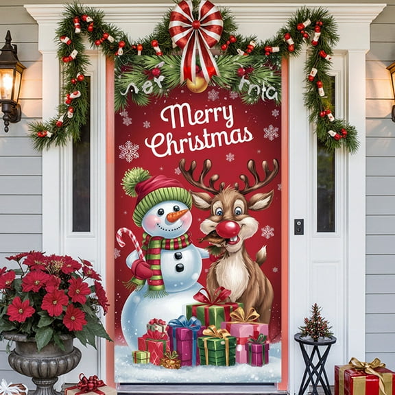 Christmas Door Cover Xmas Bathroom Front Door Decoration Large Photography Background Banner Porch Sign for Winter Indoor Outside Front Door Banner Farmhouse Party Supplies, 70.87x35.43in