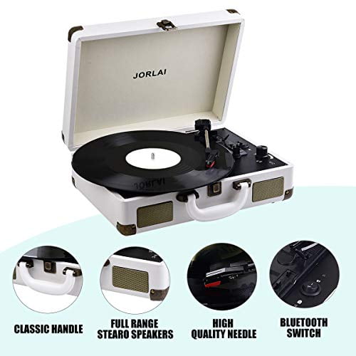 JORLAI Record Player Bluetooth Vinyl Turntable 3 Speed Vintage Record Players with Stereo Speakers Belt Driven Portable Nostalgic Phonograph White