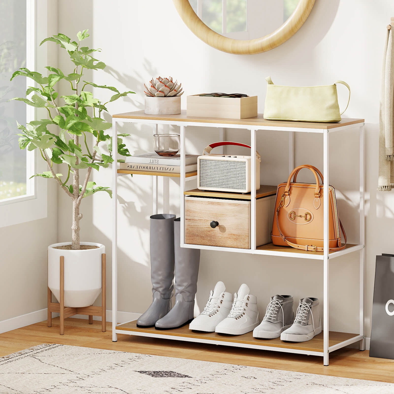 Costway 40” Console Table with Storage Drawer 4-Tier Display Shelf for Living Room Hallway Natural and White