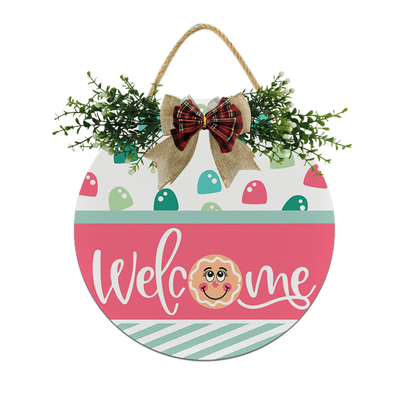 Eveokoki Gingerbread Welcome Decorations Wreath, Wooden Hanging Sign Rustic Wooden Holiday Decor for Front Door Porch Window Wall Farmhouse Indoor Outdoor Decorations 11x11Inch