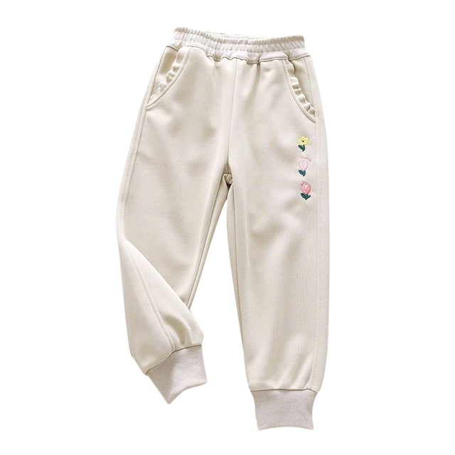 Odeerbi 2-12 Años Niñas Pantalones de Algodón Floral Bordado Entrenamiento Deportes Jogger Pantalones Casual Cintura Elástica Joggers Con Bolsillos
