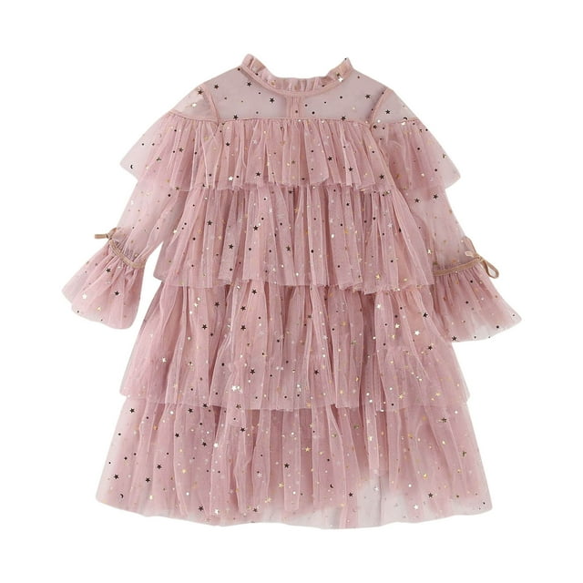 MIASHUI Robe à Manches Longues à Volants pour Filles Tout-Petits pour Fête et Occasions de Danse Robe Élégante à Volants Rose, 5-6 Ans