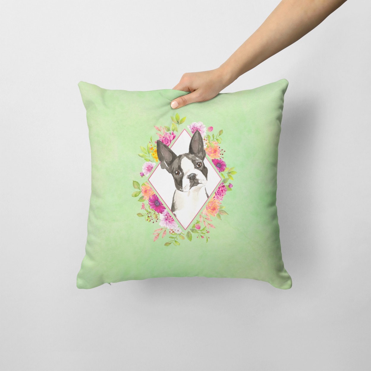Boston Terrier Green Flowers Fabric Decorative Pillow