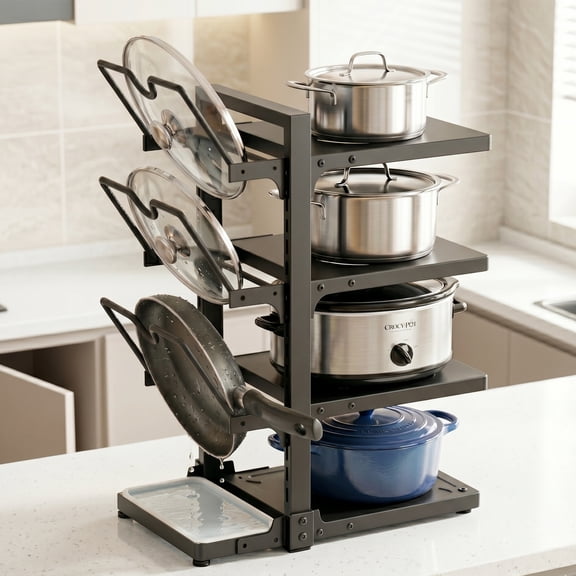 Riousery 7-Tier Pot and Pan Organizer Rack, Metal Cookware and Lid Storage with Drip Tray, Black