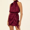 thumbnail image 2 of XIAQUJ Women's Satin Sleeveless Backless Turtleneck Tie Waist Wrap Bodycon Mini Dress Womens Dresses Red S, 2 of 5