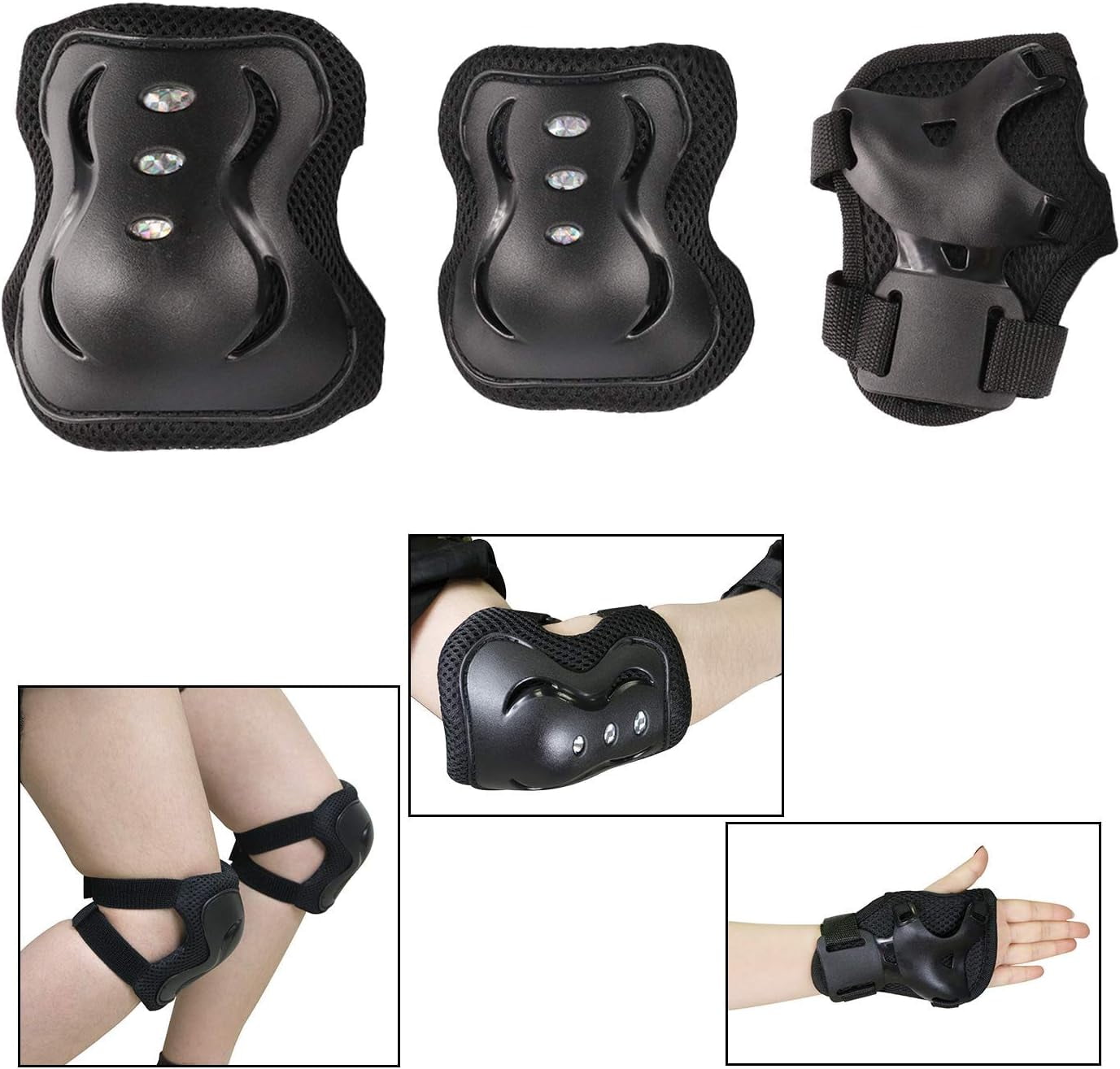 JEEXI 7 Pack Knee & Elbow Pads for Kids Youth Children Guards Protective Gear Pad Set for Roller Skates Cycling BMX Bike Skateboard Inline Skating's Scooter Riding Sports (Black)