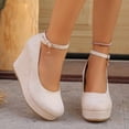 thumbnail image 4 of Platform Wedge Suede Loafers for Women Round Toe Chunky Heel Non Slip Casual Dressy Shoes with Ankle Strap Beige Size 6.5, 4 of 8