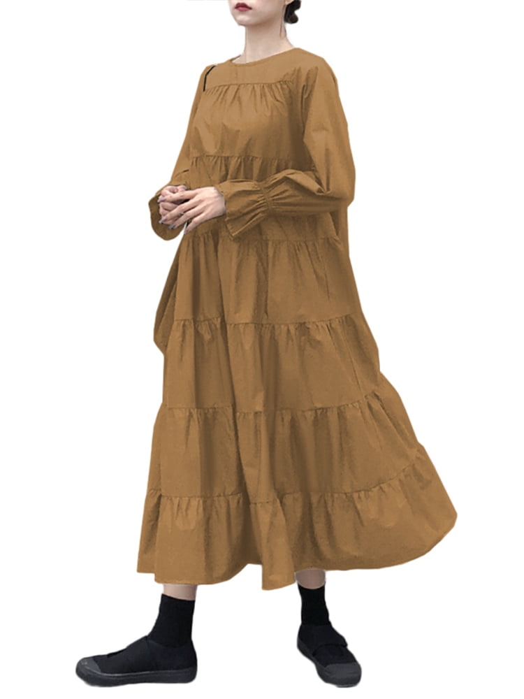 Women's Casual Loose Long Sleeve Tiered Dress Crew Neck Plain Maxi Dress -  Walmart.com
