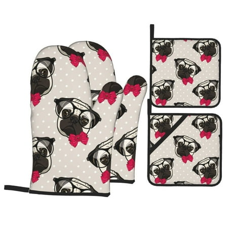 

Oven Mitts and Pot Holders 4 pcs Set funny dog Pug red bow glasses Heat Resistant Pot Holders Oven Mitts for kitchen Non-Slip Hanging Loop Oven Glove Potholders for Baking Cooking