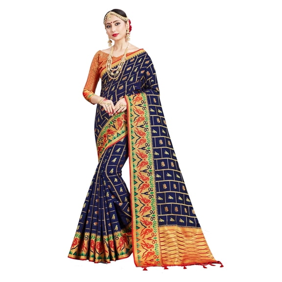 Sarees for Women Banarasi Art Silk Woven Saree - Indian Ethnic Gift Diwali Festival Sari with Unstitched Blouse Navy Blue