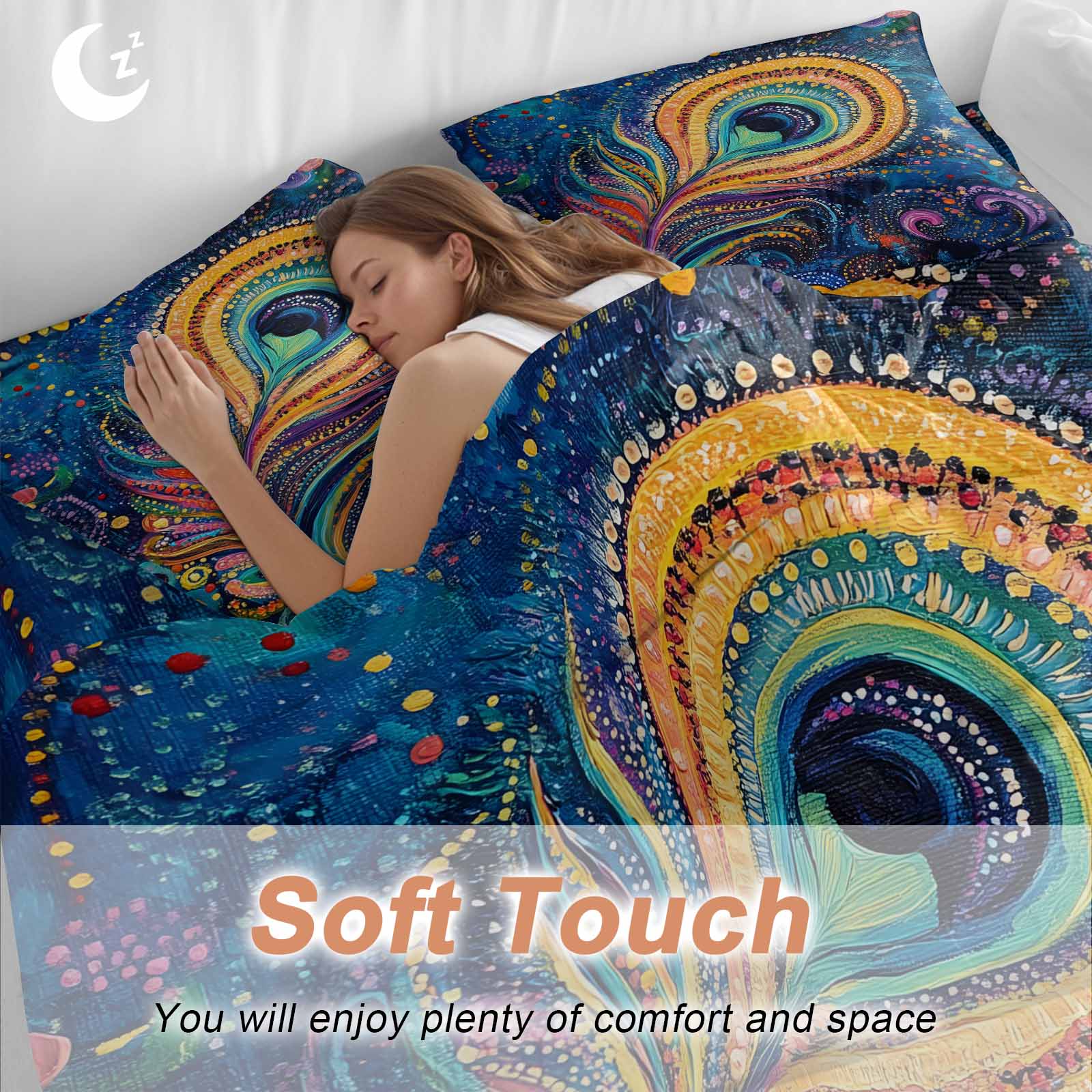 Abstract Peacock Feathers Duvet Cover Set King Size, Blue Ombre 4 Piece Soft Microfiber Bedding Set with 1 Duvet Cover, 1 Flat Sheet, 2 Pillowcases