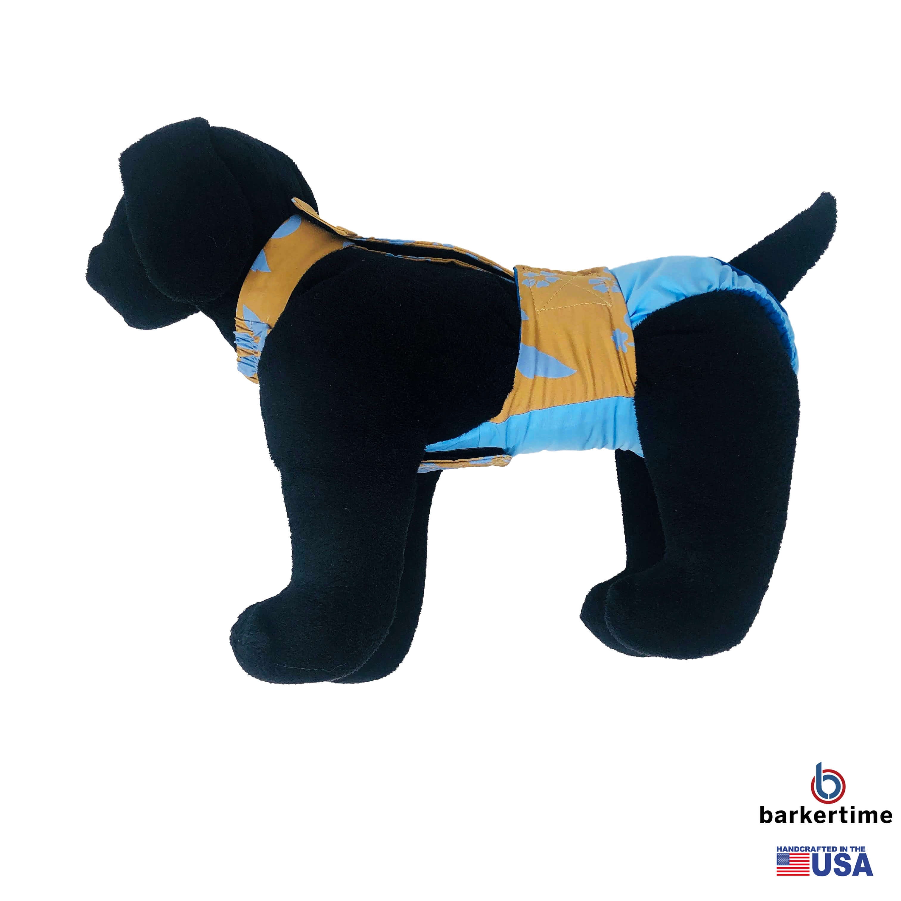 Barkertime Blue Hawaiian Hibiscus Brown on Aqua Blue Dog Diaper Overall