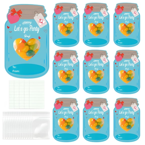 CCOCC 24 Packs Valentines Day Candy Jar Cards Set Kraft Mason Jar Gift Card Valentine Exchange Cards with Bags and Tapes for Kids Boys Girls Classroom School Party Prize Favor
