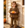 thumbnail image 3 of Happy Town Toddler Girl Fall Winter Outfits Smocked Puff Sleeve Top Ruffle Flare Pants Set Kids Casual Plaid 2-Piece Set, 3 of 8