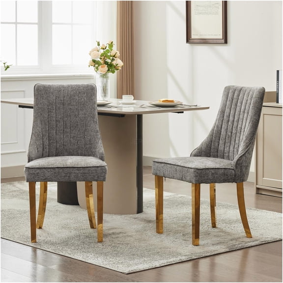 JERFIT Upholstered Dining Chairs Set of 2, Gray Chenille Fabric Kitchen Side Chairs with Gold Metal Legs, High Back Accent Chairs for Dining Room