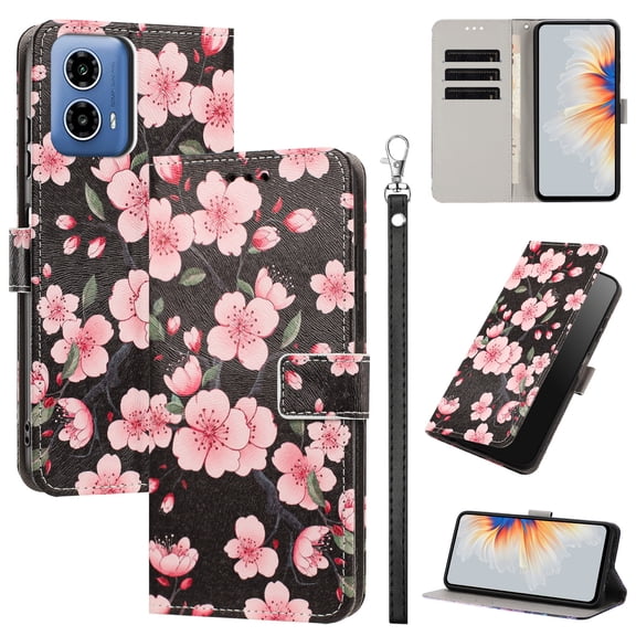 PU Leather Wallet Case for Motorola Edge (2024) with Pattern Design, Built in Kickstand Card Slots Wrist Strap Drop Protective Phone Cover for Motorola Edge (2024), G