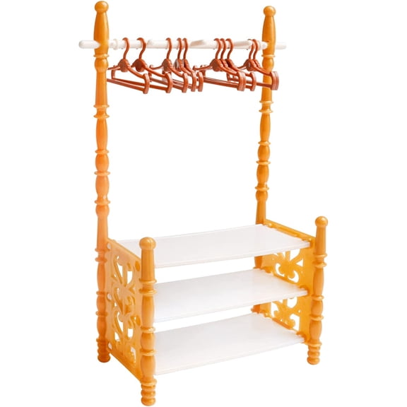 Miniature Clothing Rack with 10 Pcs Hangers Classic Plastic Dress Rack Vintage Mini Coat Rack Shoe Storage Shelf for Mini House Furniture Decoration,Set A