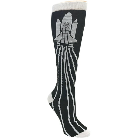 NASA Shuttle Launch Novelty Black Knee High Socks OS Multicoloured