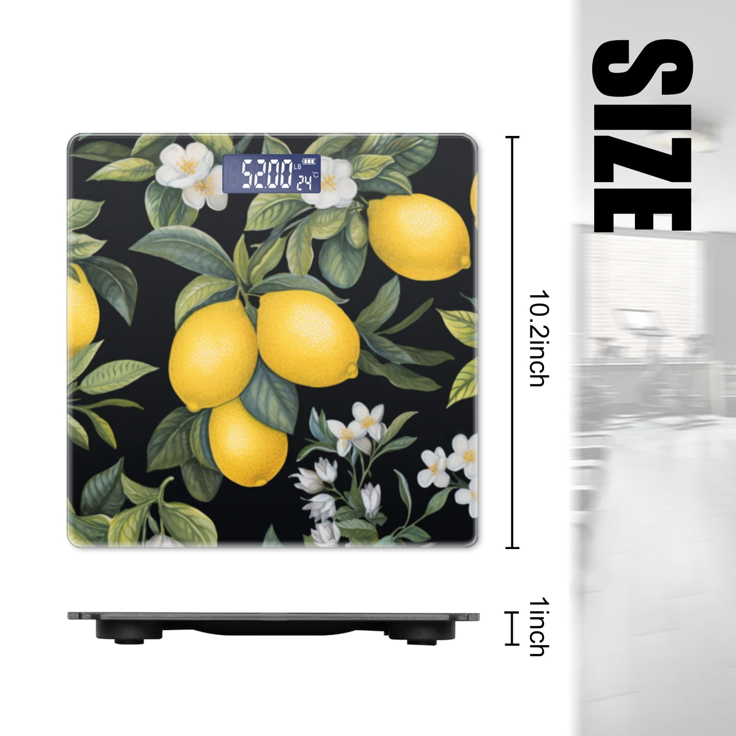 High Precision Body Weight Scale Smart Bathroom Scales with Large LCD Display(400lbs),Decorative for Bedroom-Lemon Tree With Lemons And White Flowers On A Black Background