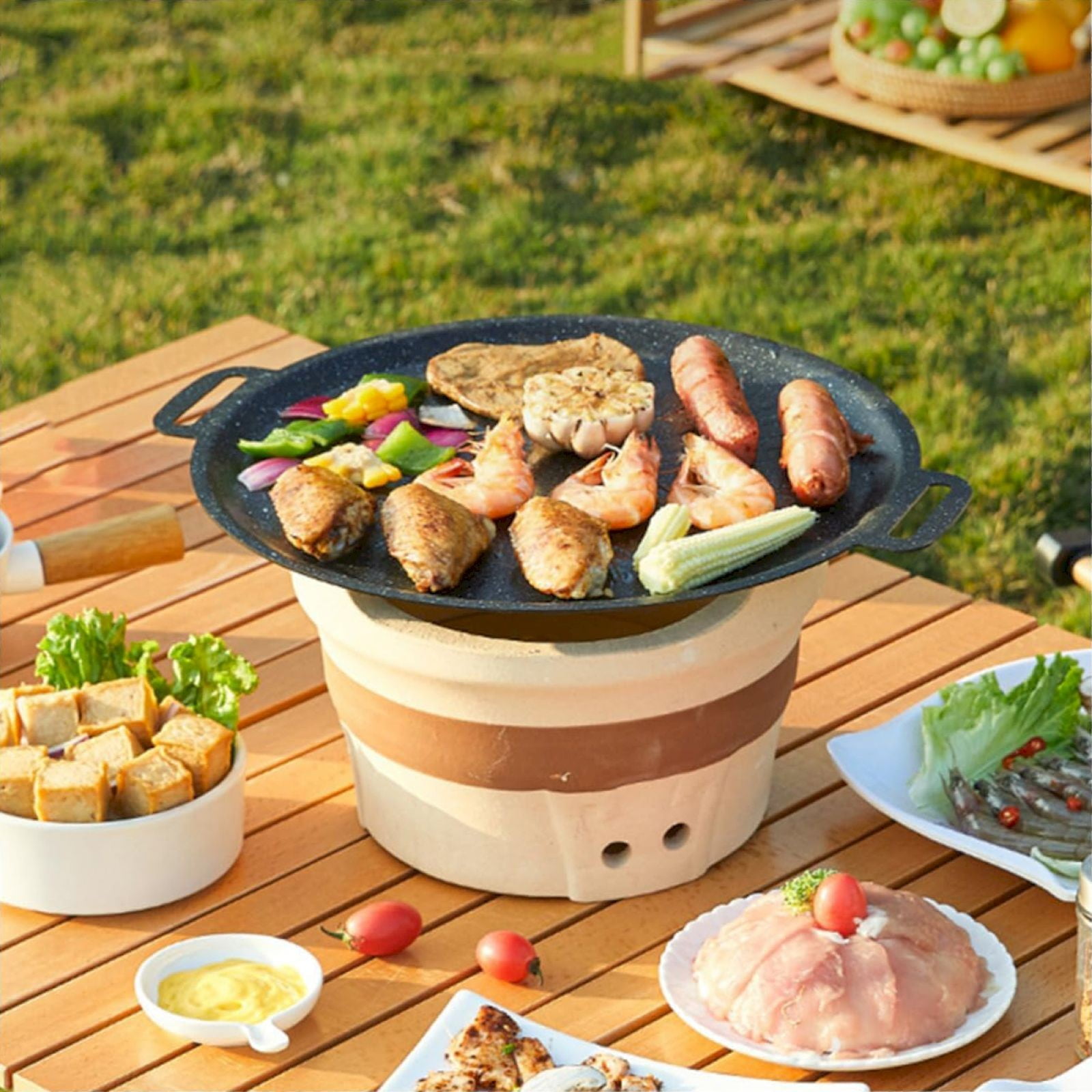 melotizhi Stick Pan Korean Grill Pan For / Stove Top Round BBQ Griddle Pan With Hangable Handles Portable BBQ Grill Flat Pans For Outdoor Home Baking Pancakes, 13.4 Inch