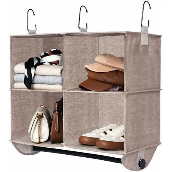 Hanging Closet Organizer with Metal Rod, 4-Section Closet Organizers and Storage, Collapsible Hanging Shelves for Baby Clothes, Shoes, Sweater Storage, Brown and Beige
