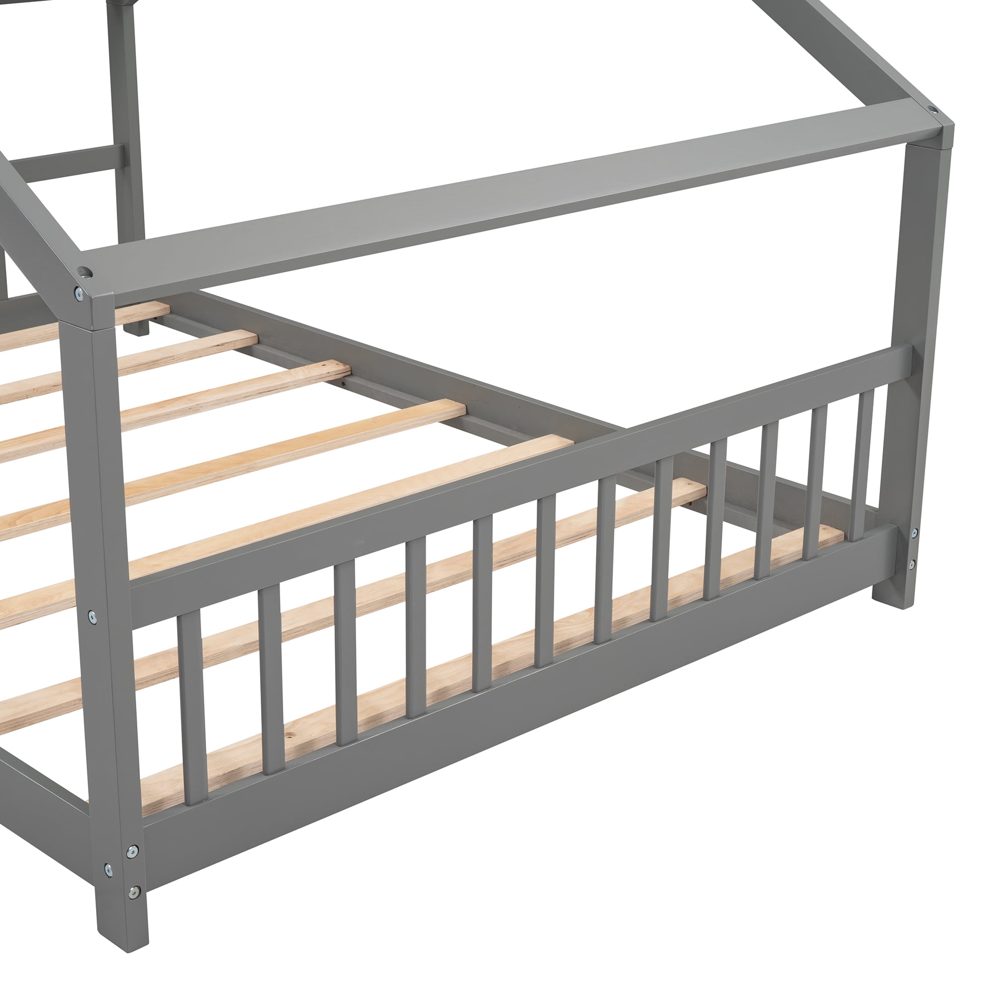 Leumius Full Size Wood House Bed for Kids,Montessori Floor Bed Frame with Headboard and Footboard,Playhouse Bed for Girls Boys(Full, Gray)
