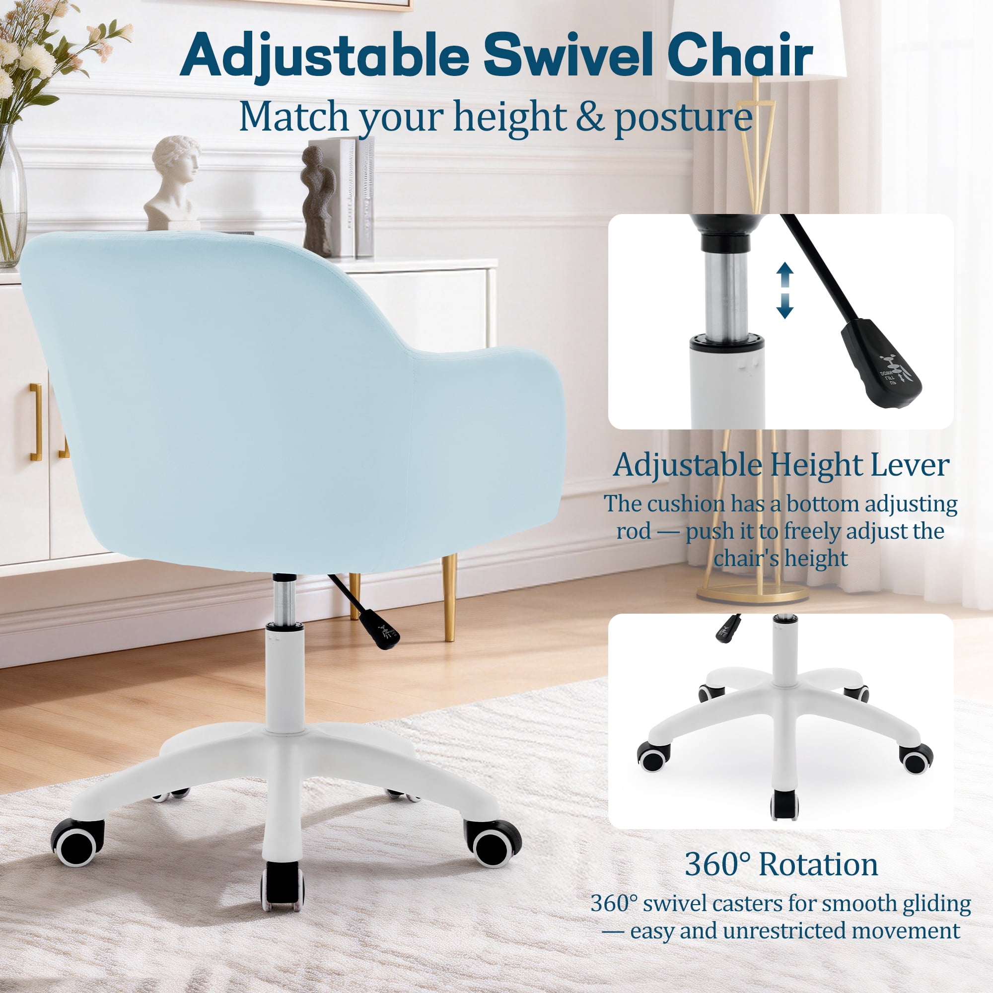 Korser Adjustable High Vanity Chair with Pillow Velvet Swivel Desk Chair with Wheels,Space-Saving Makeup Computer Chair,Home Office Desk Chair,Blue