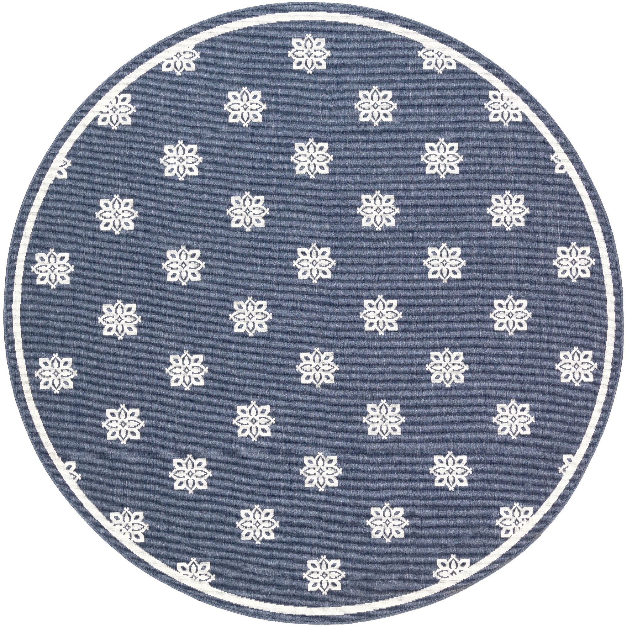 7.25' Floral Navy Blue and White Round Area Throw Rug