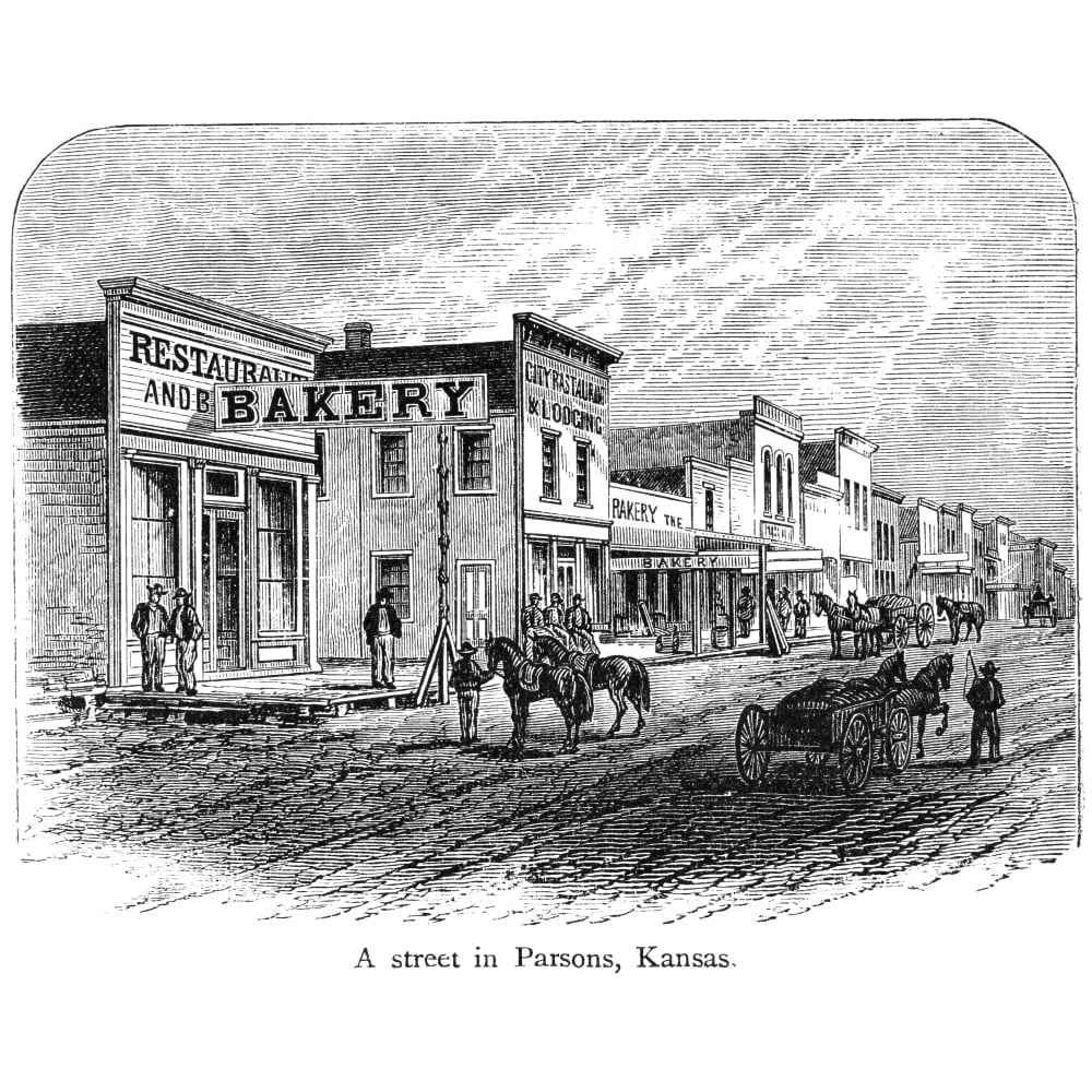 Kansas Parsons, 1875. /Na Street In Parsons, Kansas. Wood Engraving