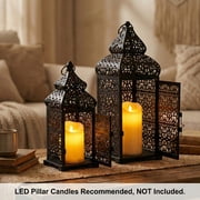 Temple Moroccan Style Lantern Decorative Candle Holder for Home Decor, Black, Set of 2
